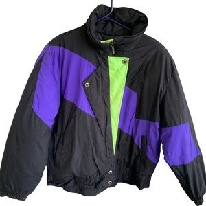 Vintage Ski Jacket Neon Green Purple Black Profile Goose Down Coat 80s Women’s L